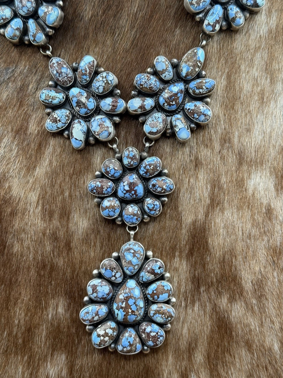 Native Navajo Handmade Silver Golden Hills Turquoise Cluster Lariat Necklace 24”