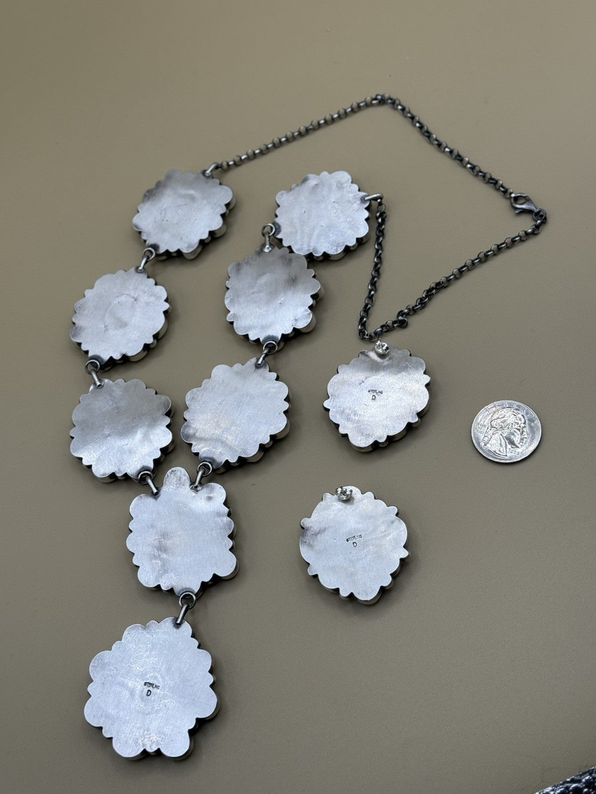 Navajo Handmade Sterling Silver Sonoran Turquoise Cluster Lariat Necklace 24”