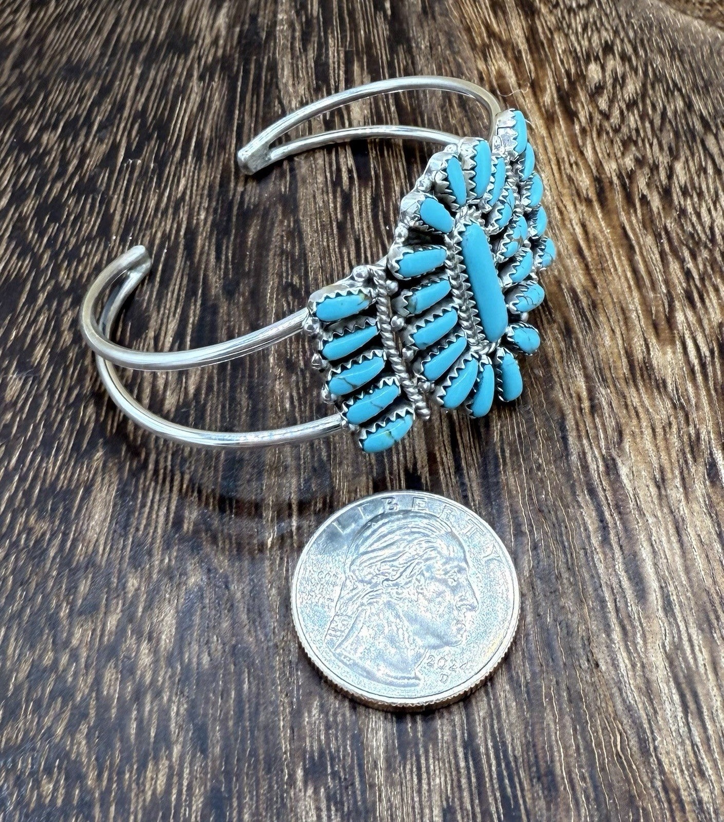 Navajo Handmade Sterling Silver Turquoise Traditional Cluster Cuff Bracelet