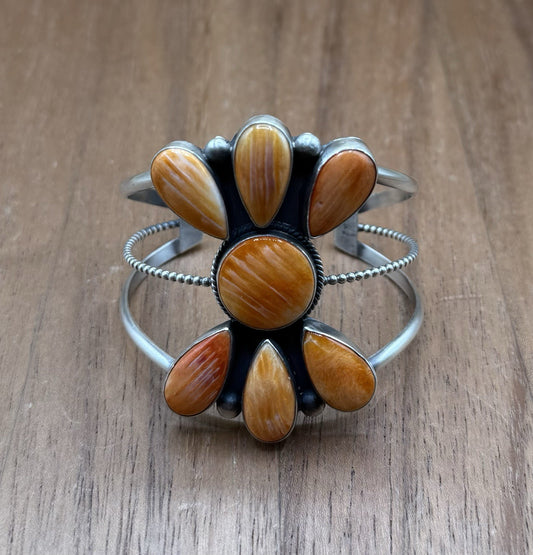 Navajo Handmade Sterling Silver Orange Spiny Oyster Cluster Cuff Bracelet