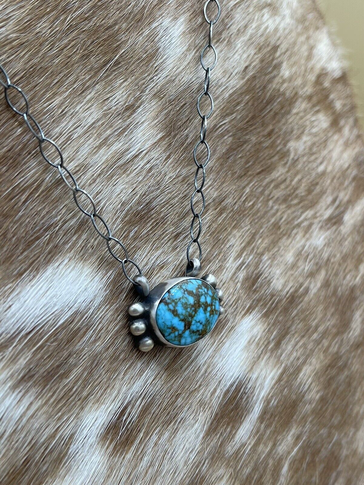 Native American Navajo Handmade Silver Kingman Turquoise Bar Necklace 18”