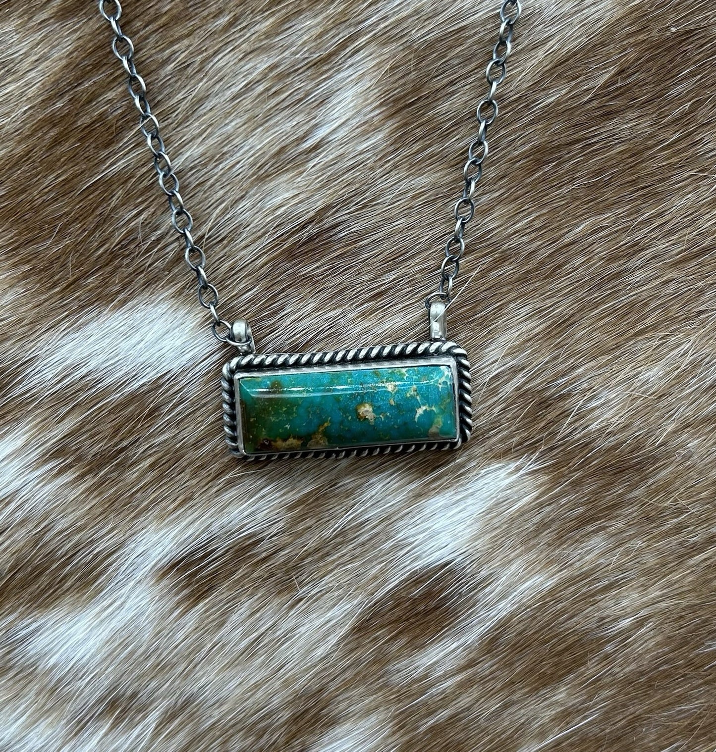 Navajo Handmade Sterling Silver Kingman Turquoise Bar Necklace 16”