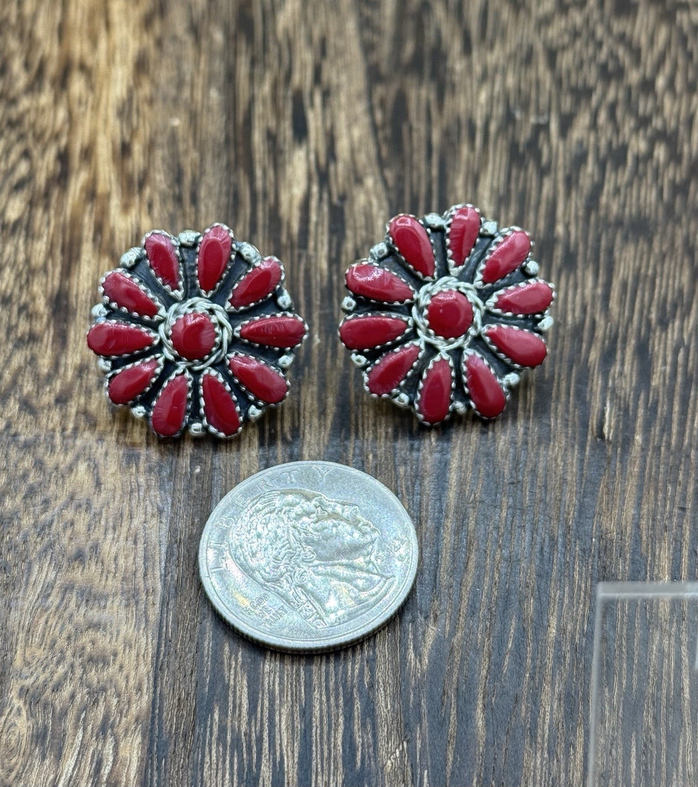 Native American Navajo Handmade Sterling Silver Red Coral Cluster Stud Earrings