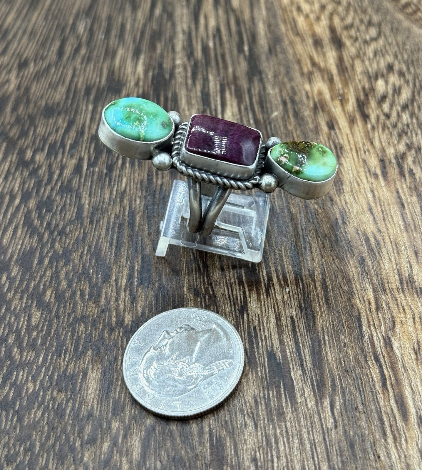Native Navajo Handmade Sterling Silver Mixed Stone Turquoise Cluster Ring Size 9