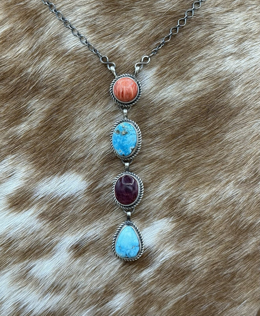 Navajo Handmade Sterling Silver Multi Color Mixed Stone Lariat Necklace 18”