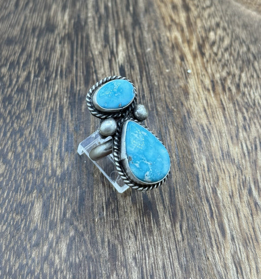Navajo Handmade Sterling Silver White Water Turquoise Adjustable Ring Size 7 - 9