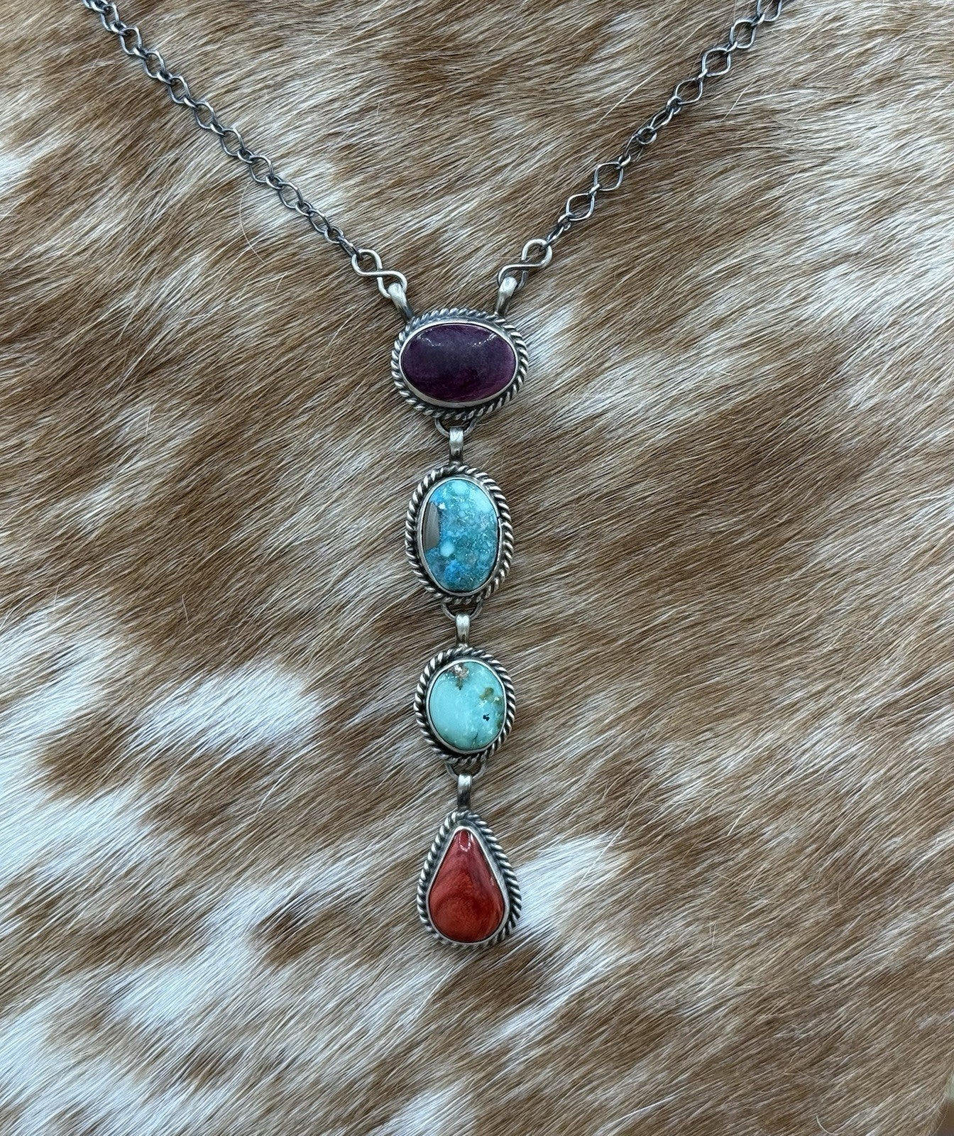 Navajo Handmade Sterling Silver Multi Color Mixed Stone Lariat Necklace 18”