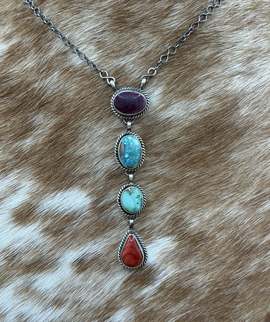 Navajo Handmade Sterling Silver Multi Color Mixed Stone Lariat Necklace 18”