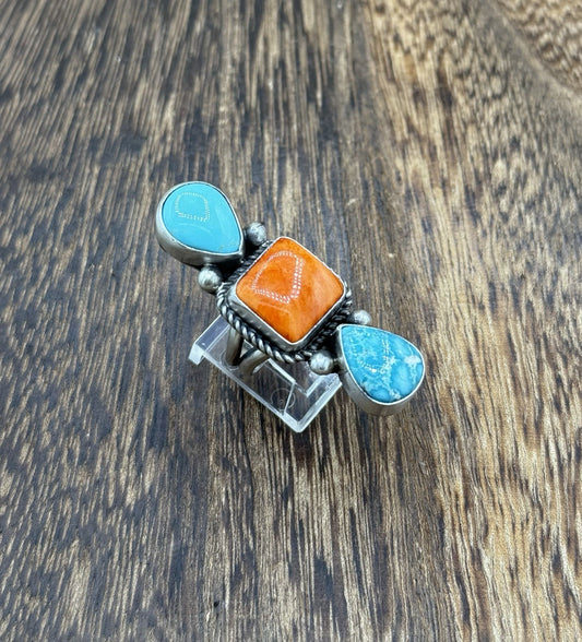 Native Navajo Handmade Sterling Silver Mixed Stone Turquoise Cluster Ring Size 7