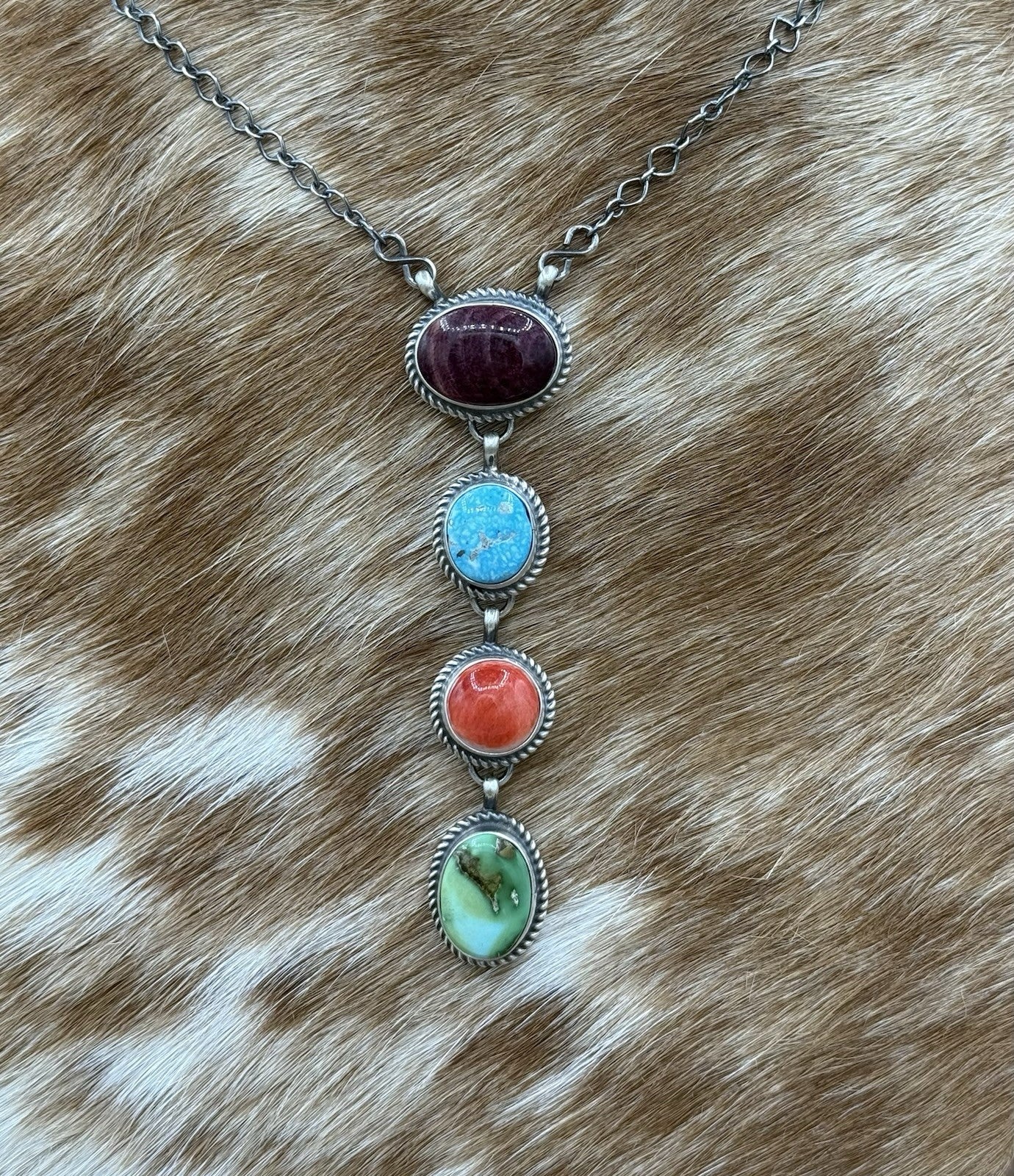 Navajo Handmade Sterling Silver Multi Color Mixed Stone Lariat Necklace 18”