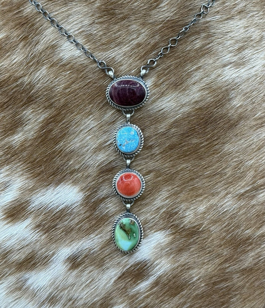 Navajo Handmade Sterling Silver Multi Color Mixed Stone Lariat Necklace 18”