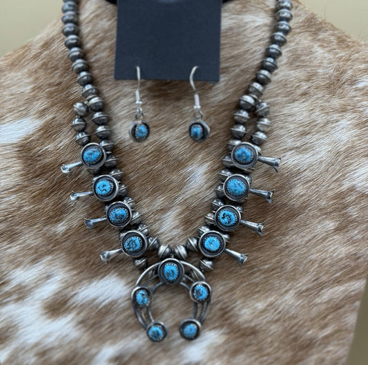 Navajo Handmade Sterling Silver Turquoise Shadowbox Squash Blossom Necklace 17”