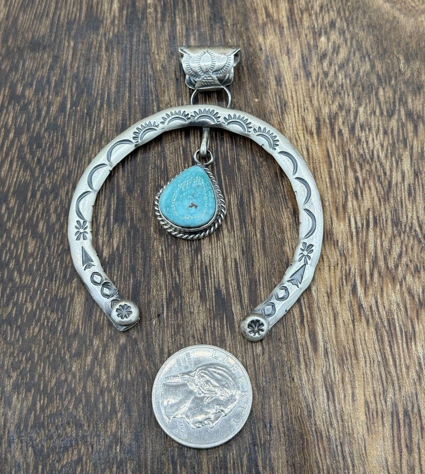 Navajo Handmade Sterling Silver Stamped Blue Bird Turquoise Naja Pendant