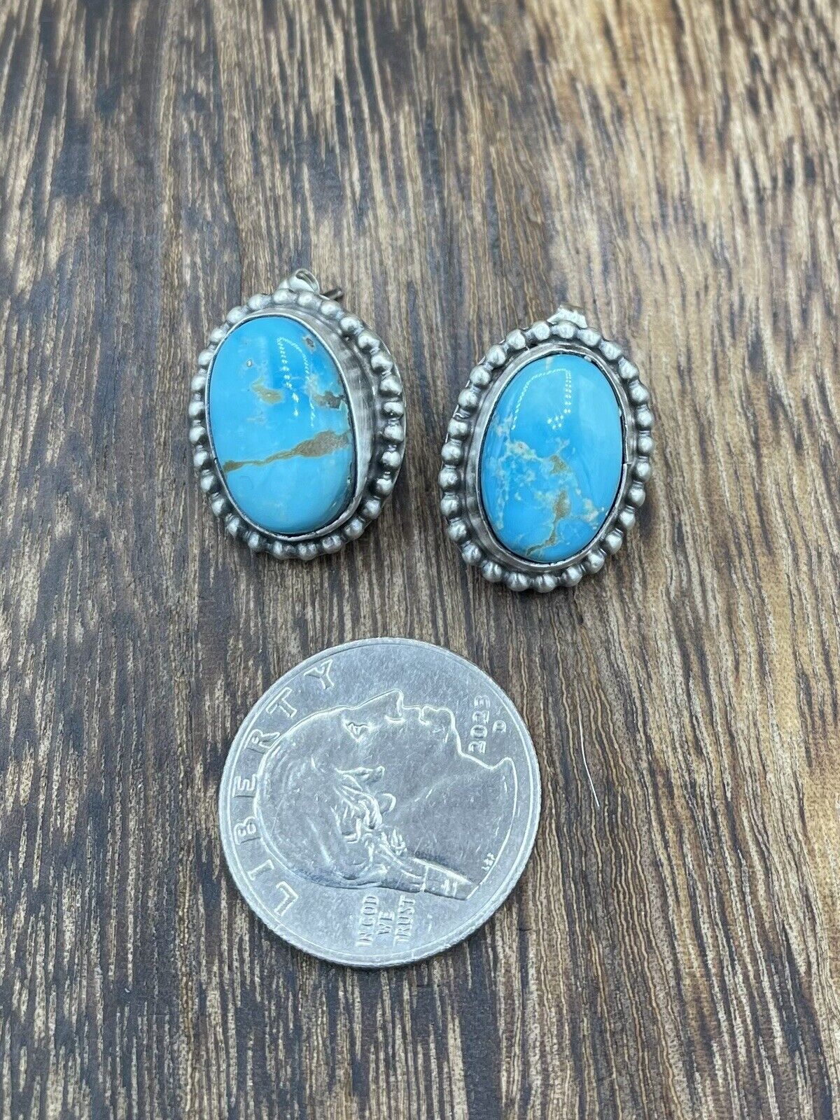 Native American Navajo Handmade Silver Kingman Turquoise Post Stud Earrings