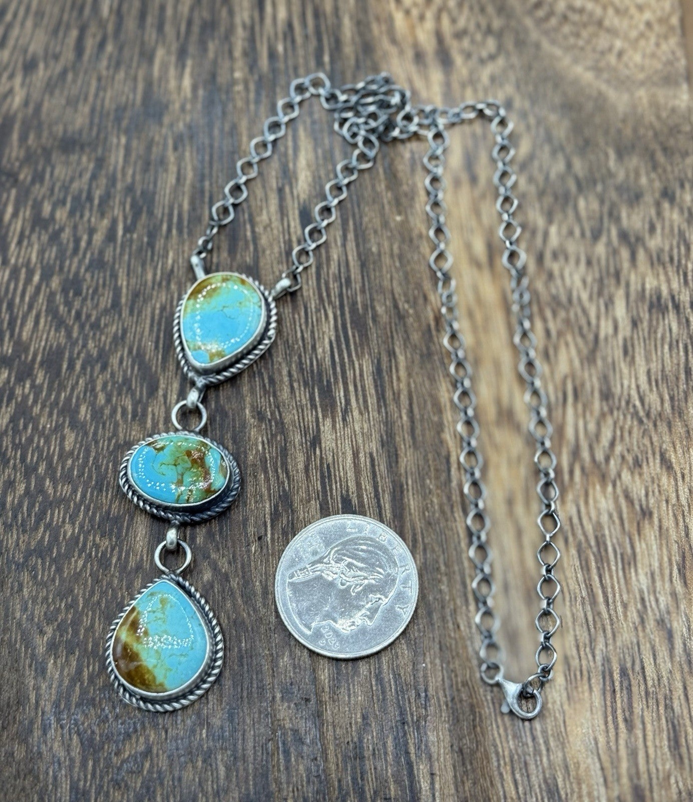 Native Navajo Handmade Sterling Silver Kingman Turquoise Lariat Necklace 18”
