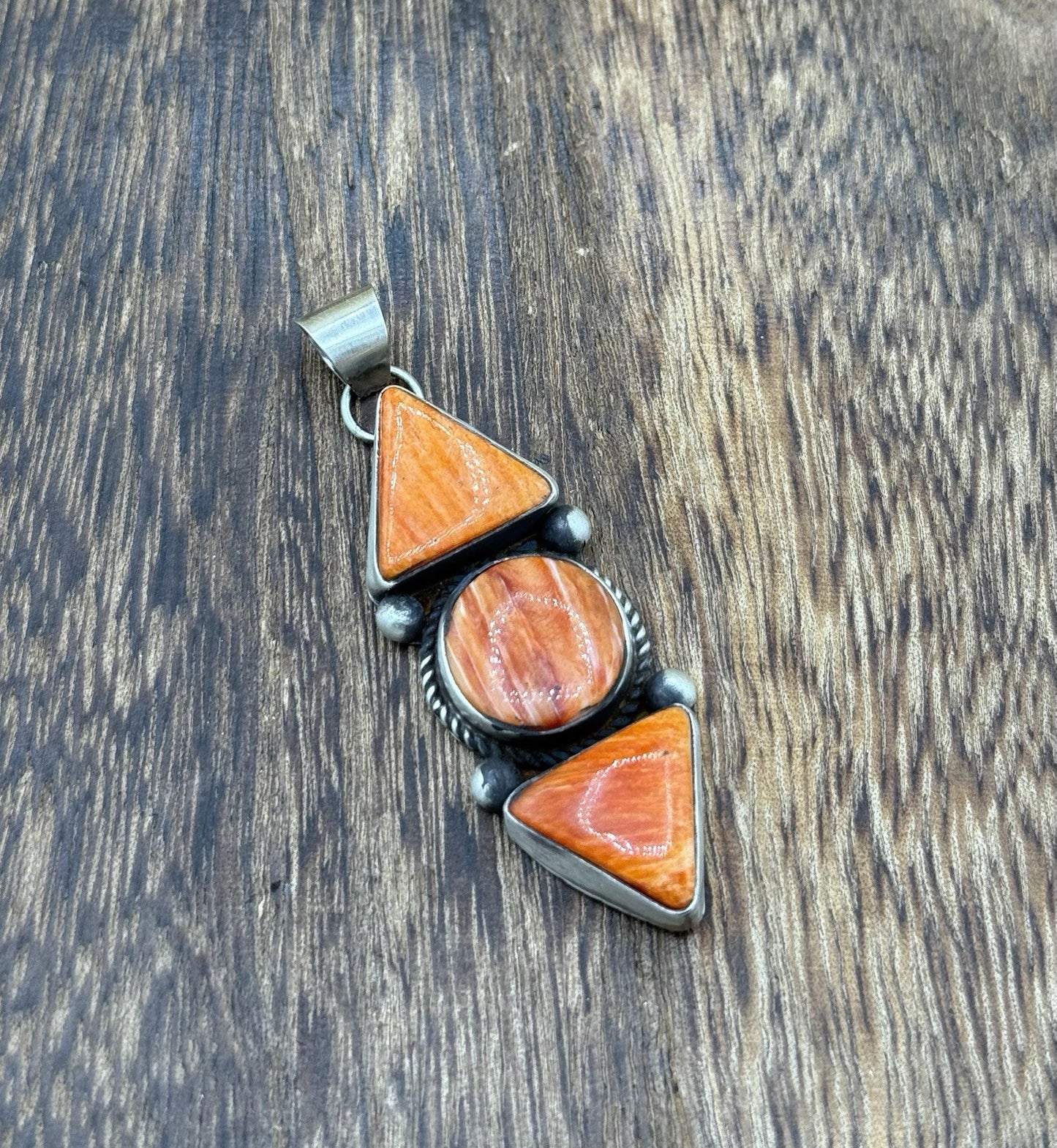 Navajo Handmade Sterling Silver Orange Spiny Oyster Shell Cluster Drop Pendant
