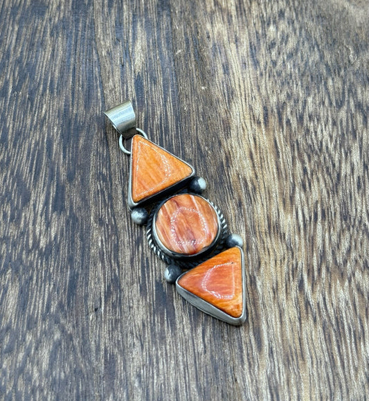 Navajo Handmade Sterling Silver Orange Spiny Oyster Shell Cluster Drop Pendant