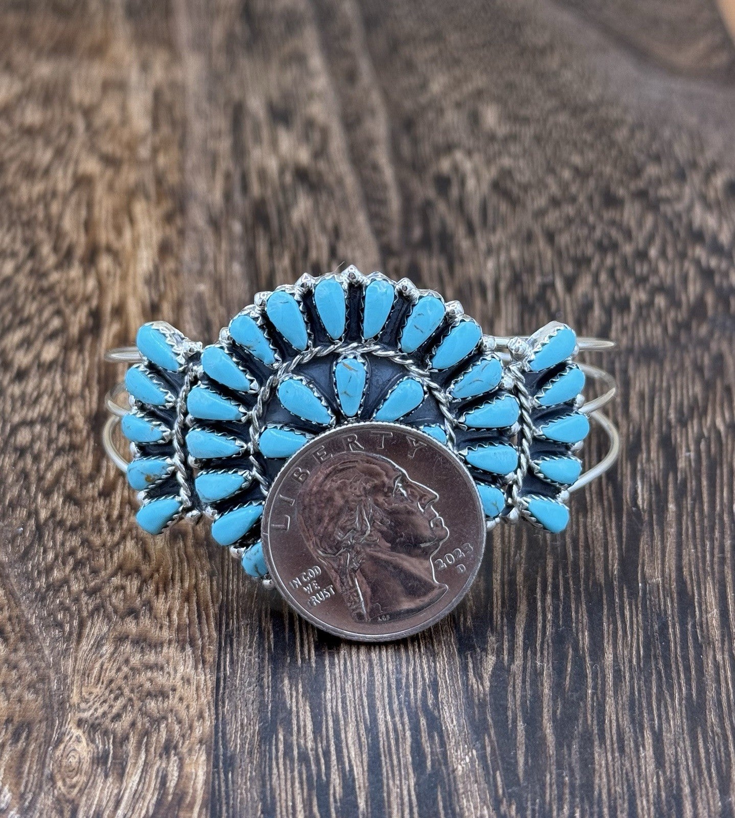 Native American Navajo Handmade Sterling Silver Turquoise Cluster Cuff Bracelet