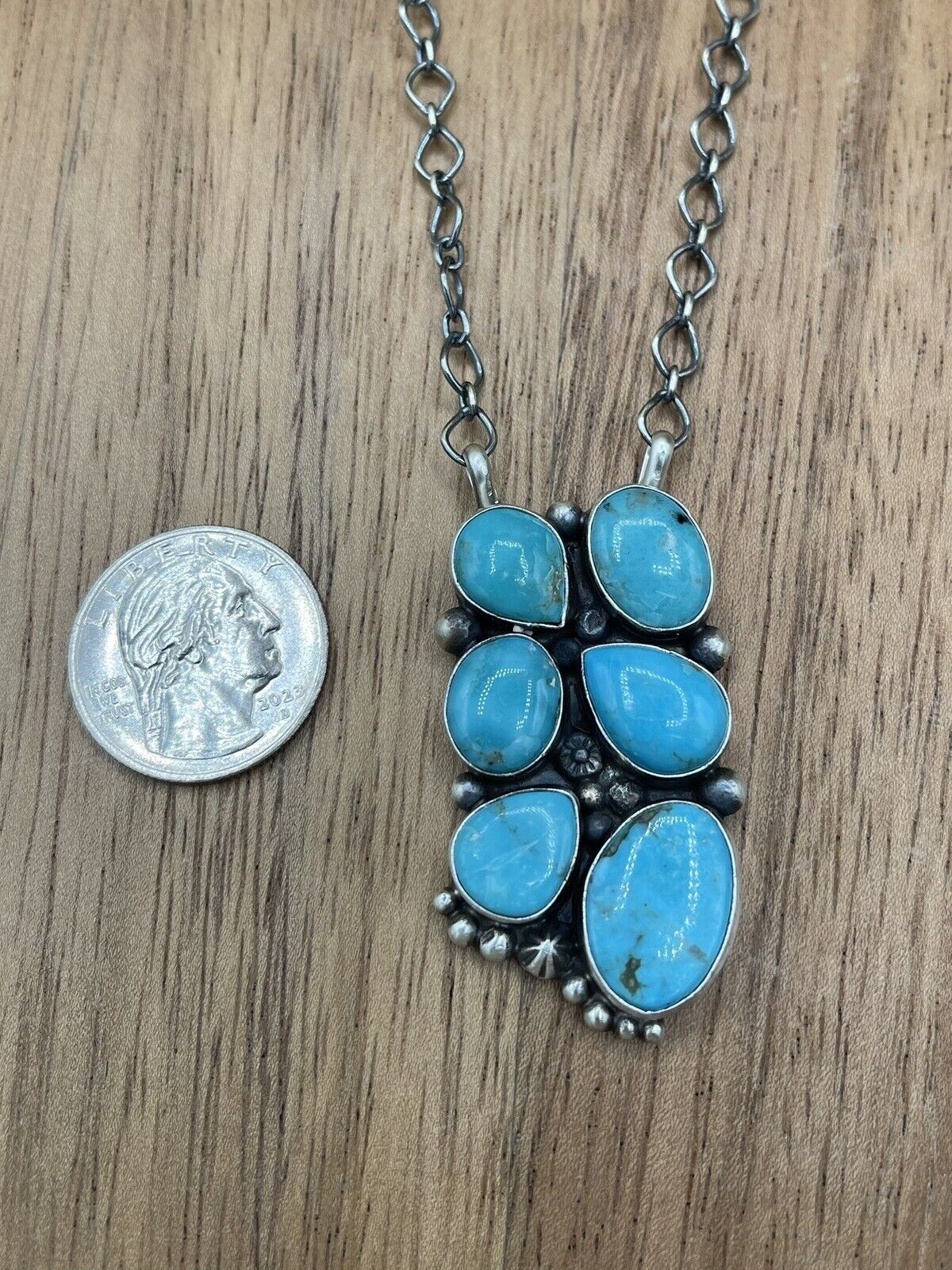 Native American Navajo Handmade Silver Turquoise Cluster Bar Necklace 18 Inch