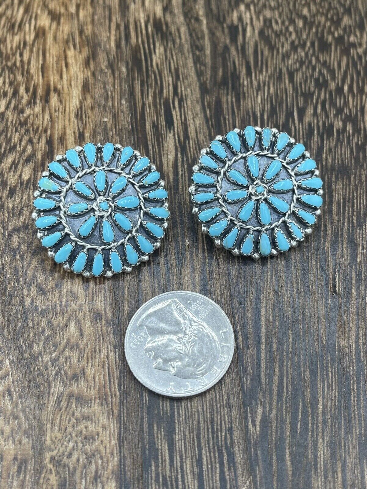 Native American Navajo Handmade Sterling Silver Turquoise Cluster Post earrings