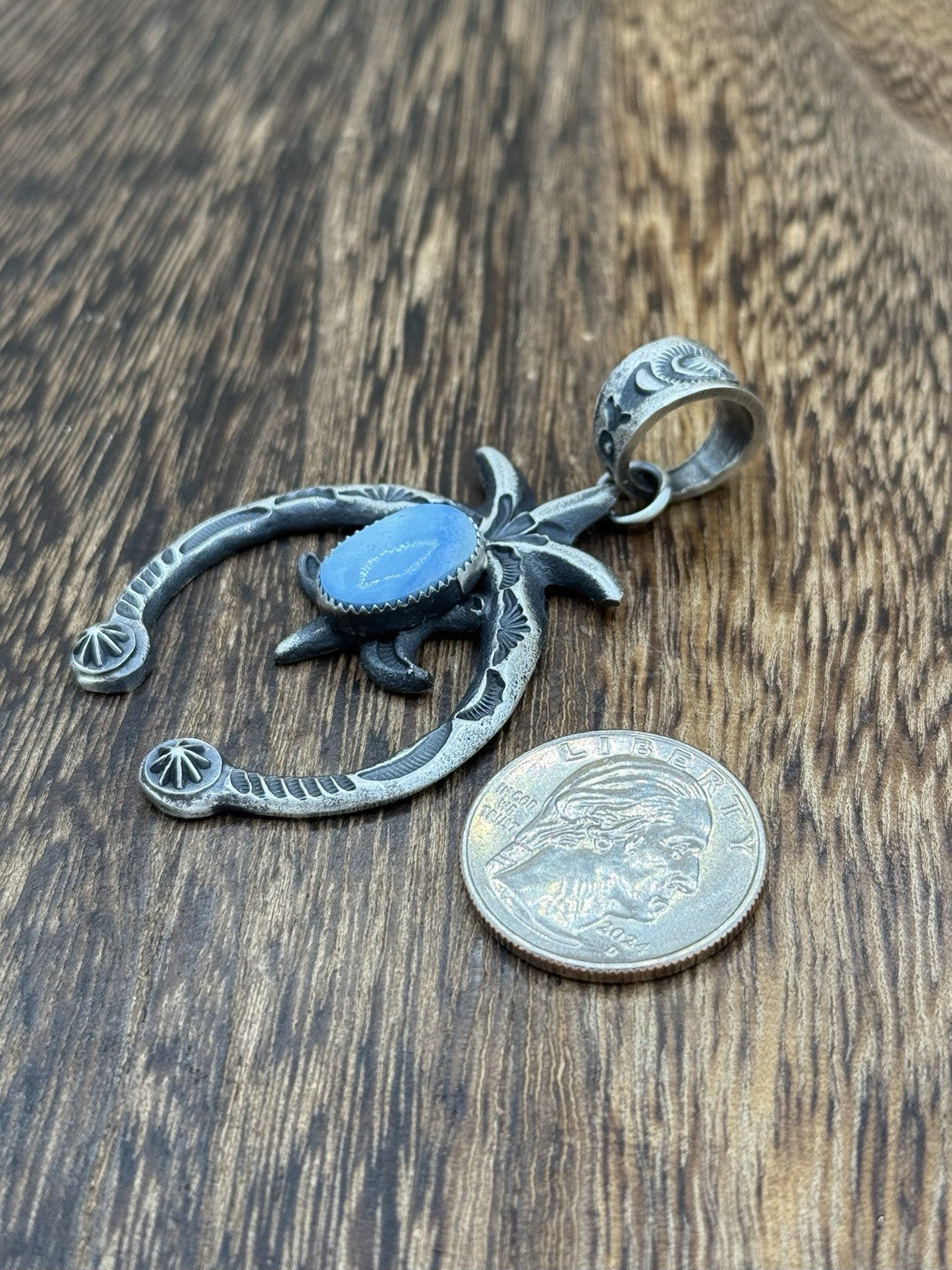 Navajo Handmade Sterling Silver Old Look Golden Hills Turquoise Naja Pendant