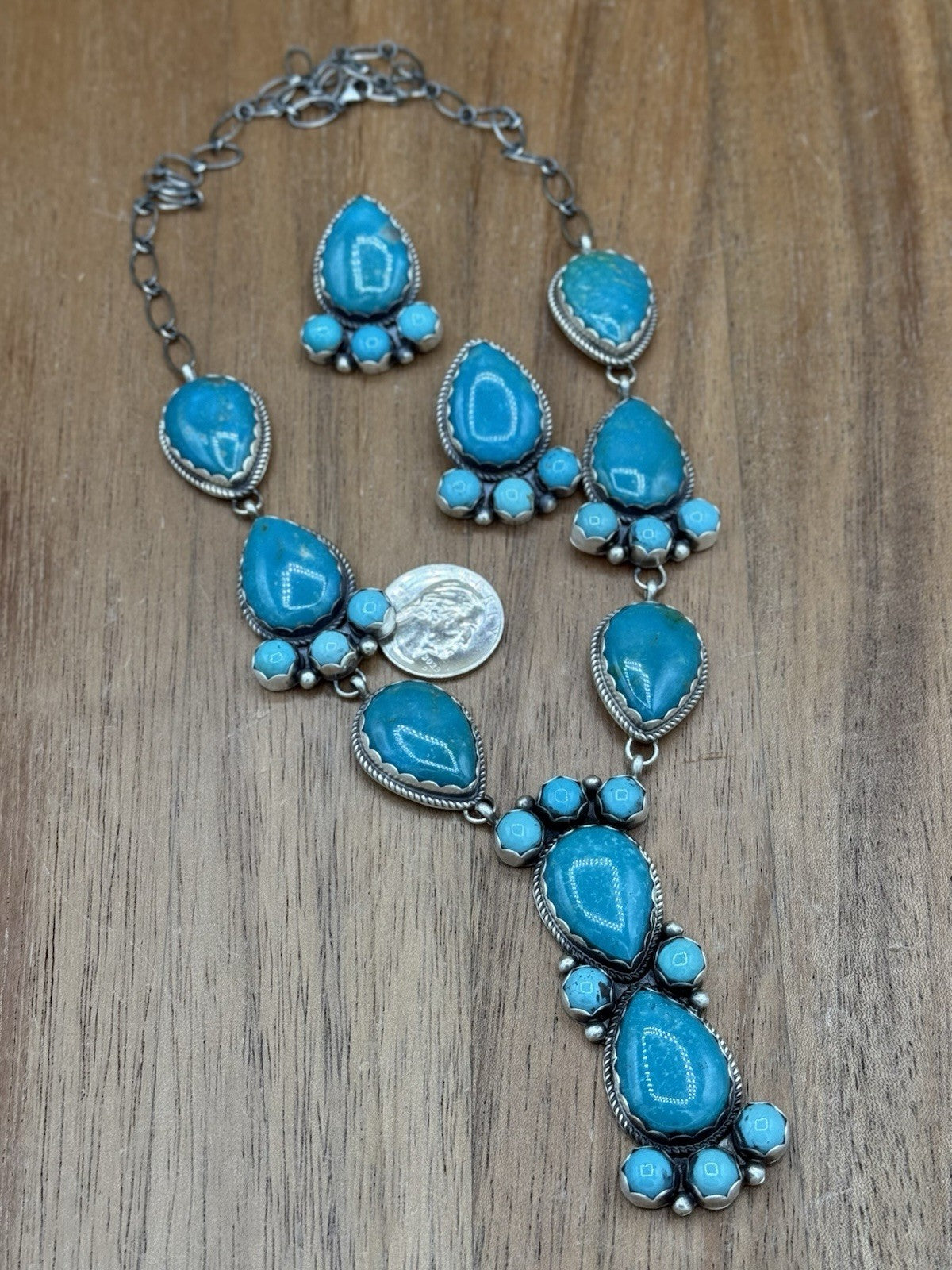 Native Navajo Handmade Sterling Silver Kingman Turquoise Lariat Necklace Set 24”