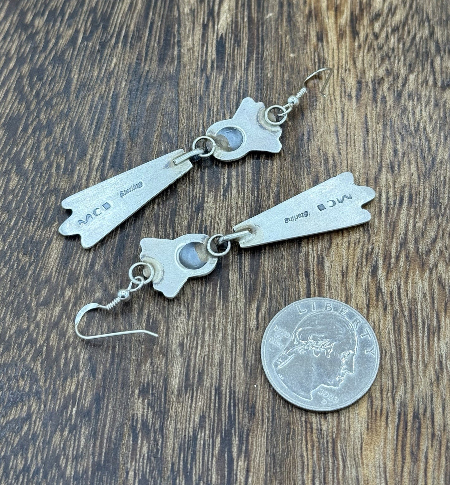 Navajo Handmade Sterling Silver Old Look Stamped Concho Design Dangle Earrings