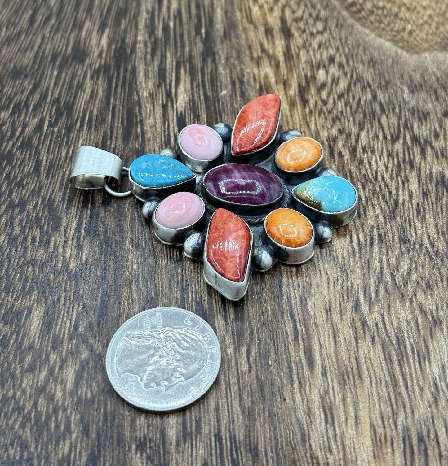 Navajo Handmade Sterling Silver Multi Color Turquoise Spiny Cluster Pendant Lg.