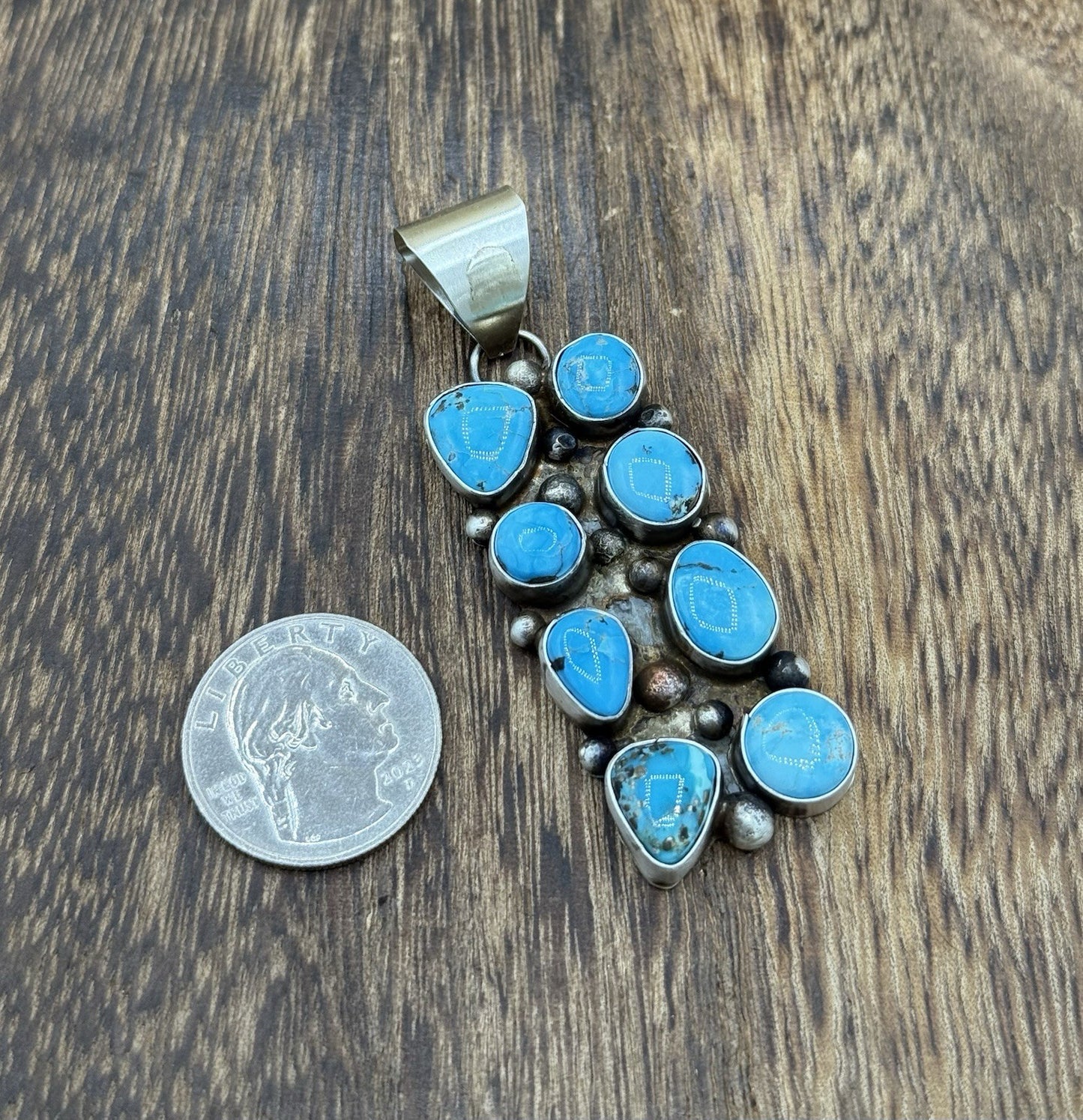 Native Navajo Handmade Sterling Silver Blue Ridge Turquoise Cluster Drop Pendant