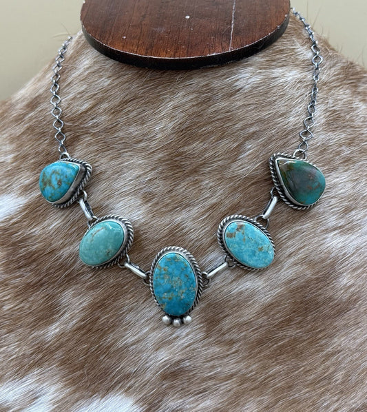 Native Navajo Handmade Sterling Silver Kingman Turquoise Choker Necklace 15”