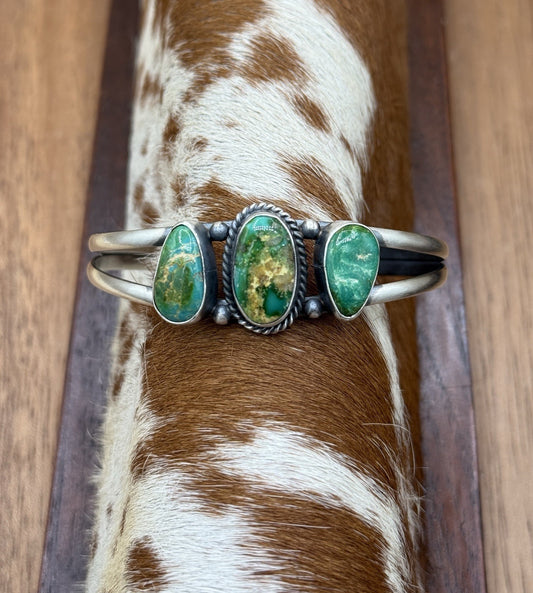Navajo Handmade Sterling Silver Sonoran Gold Turquoise Cluster Cuff Bracelet