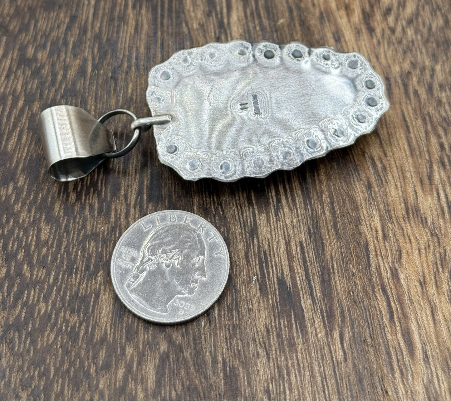 Navajo Handmade Sterling Silver Royston Turquoise Stamped Design Drop Pendant