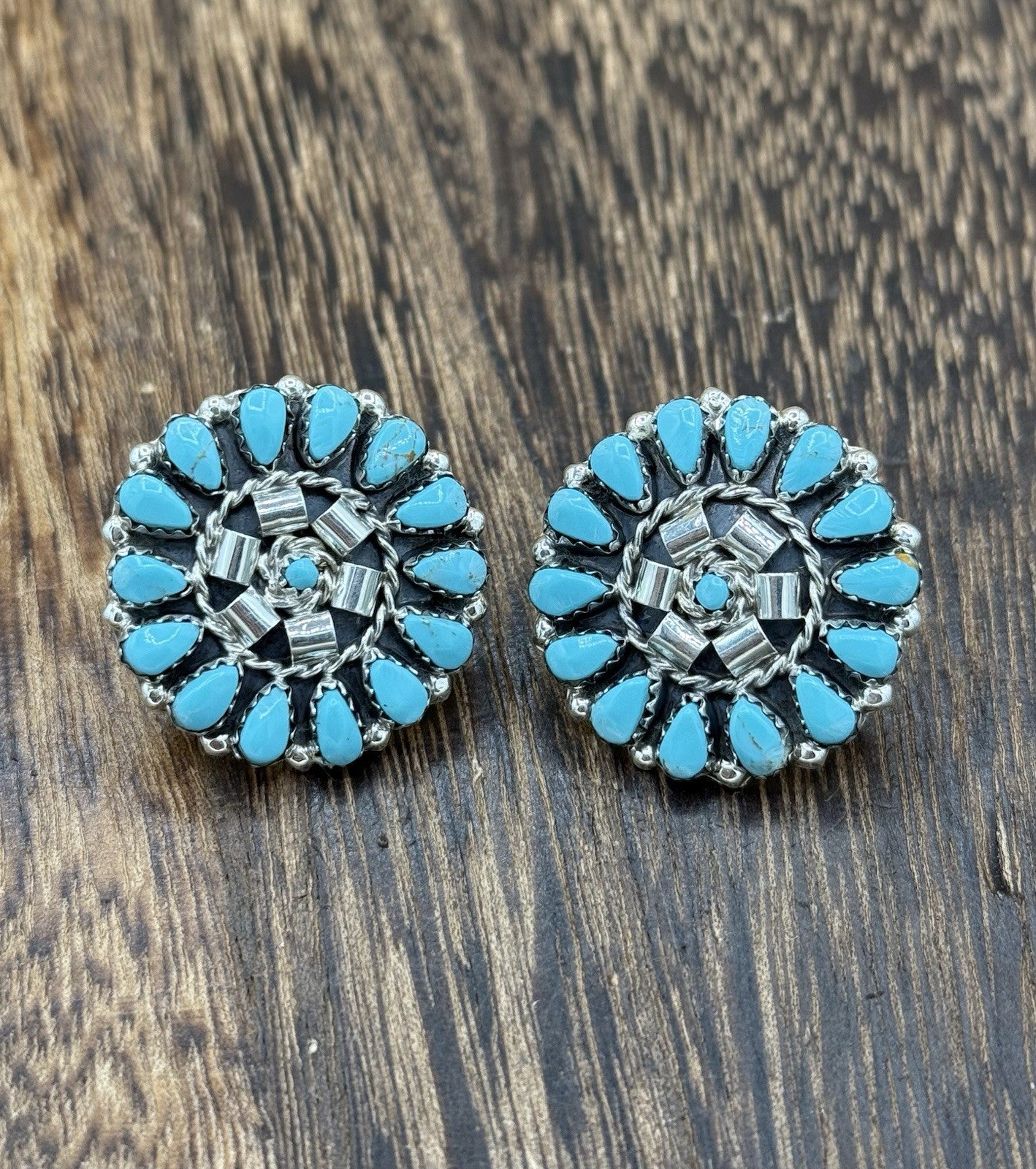 Native American Navajo Handmade Sterling Silver Turquoise Cluster Post earrings