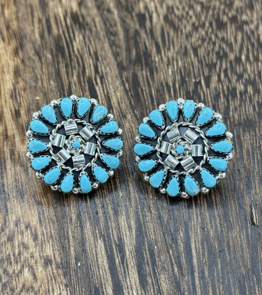 Native American Navajo Handmade Sterling Silver Turquoise Cluster Post earrings
