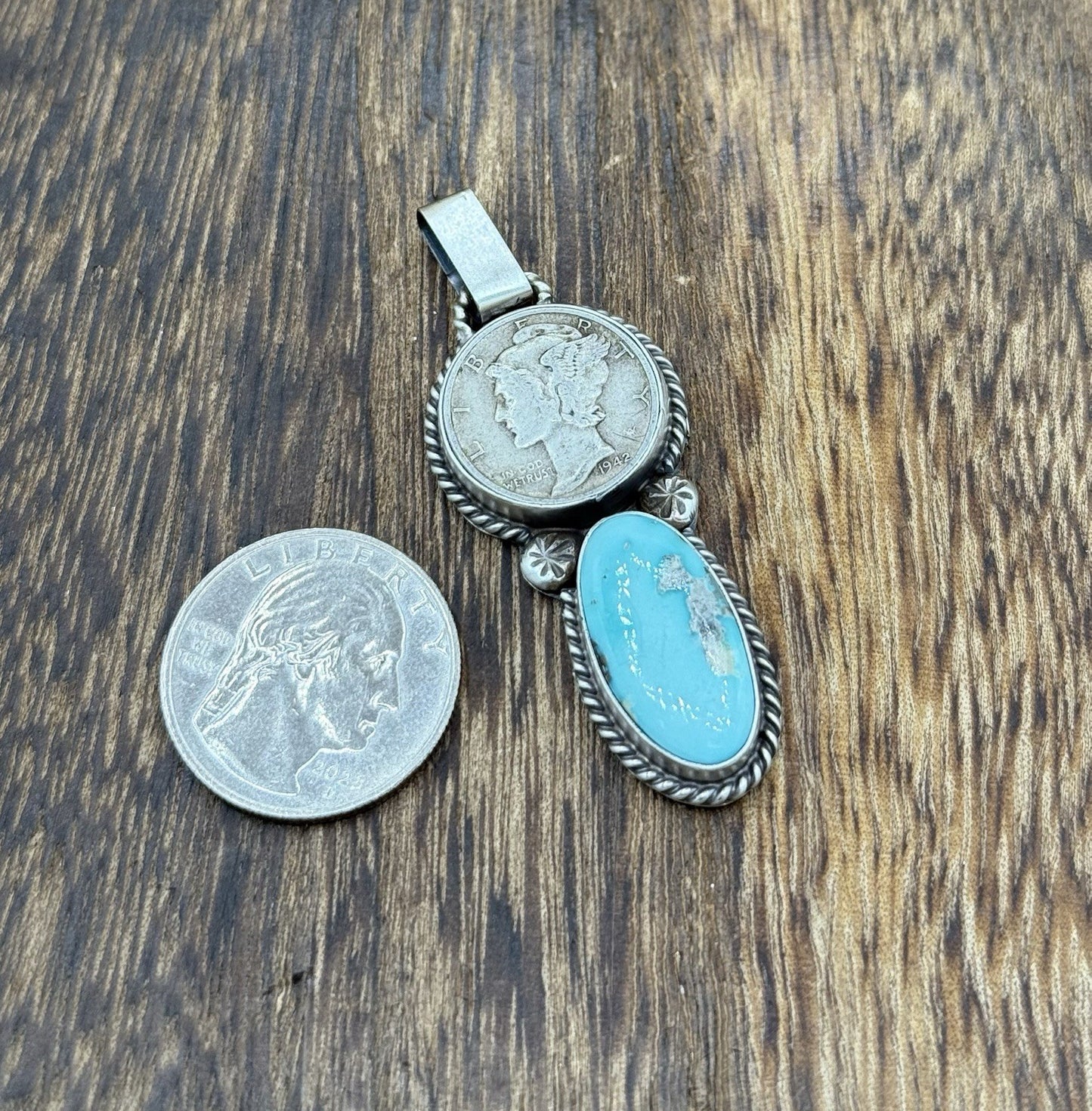 Navajo Handmade Sterling Silver White Water Turquoise Liberty Dime Coin Pendant