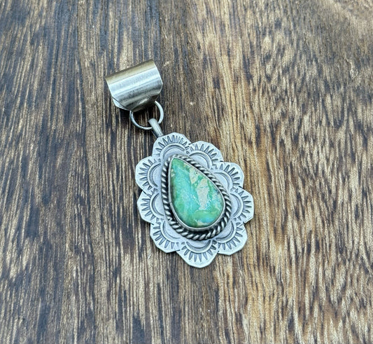 Navajo Handmade Sterling Silver Sonoran Gold Turquoise Stamped Drop Pendant