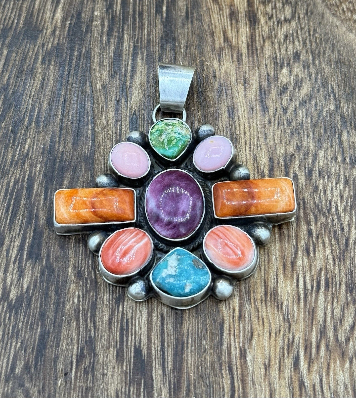 Navajo Handmade Sterling Silver Multi Color Turquoise Spiny Cluster Pendant Lg.