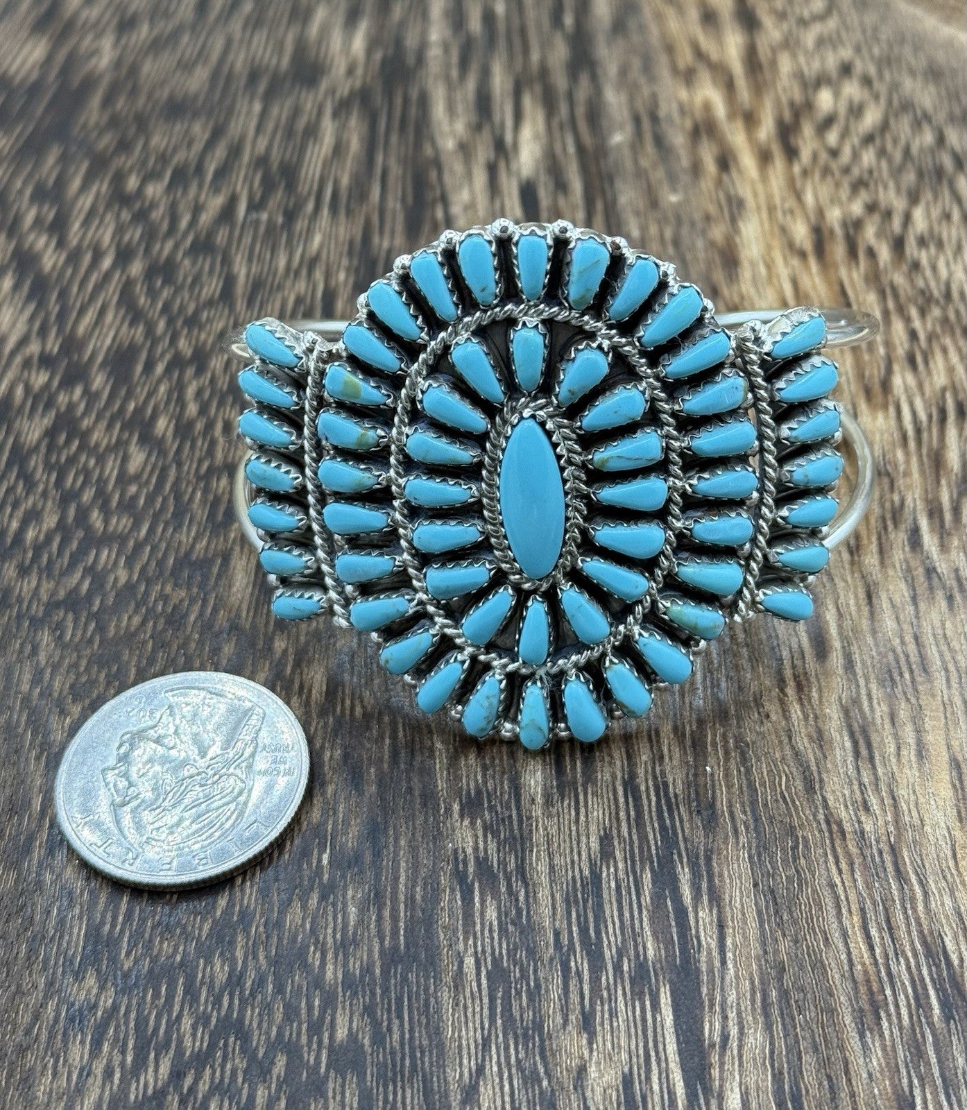 Native American Navajo Handmade Sterling Silver Turquoise Cluster Cuff Bracelet