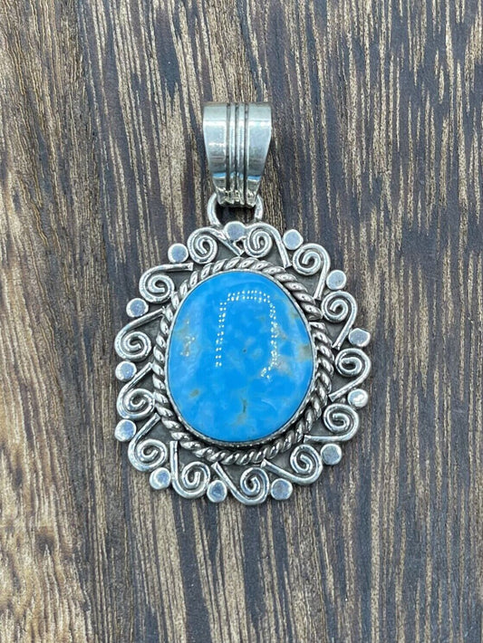 Native American Sterling Silver Navajo Handmade Natural Turquoise Pendant