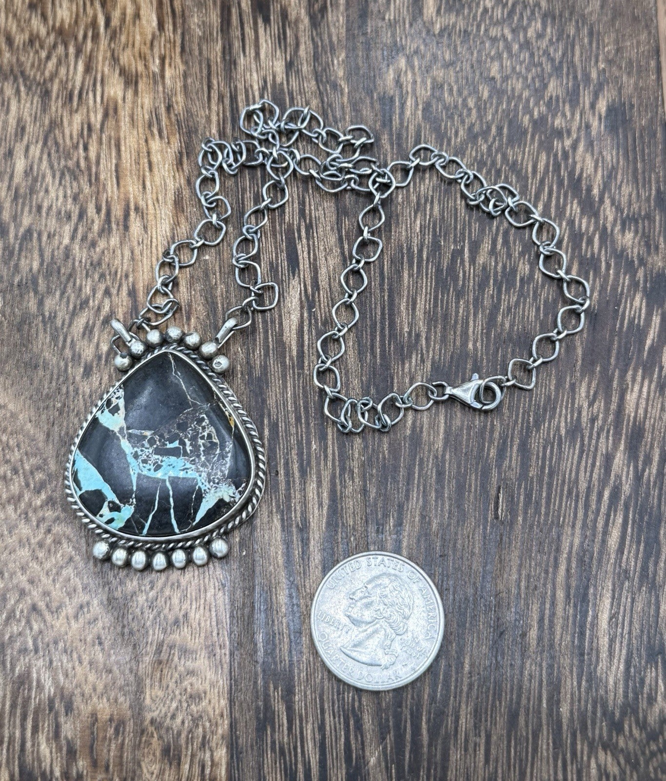 Native Navajo Handmade Sterling Silver Blackjack Turquoise Bar Necklace 18”