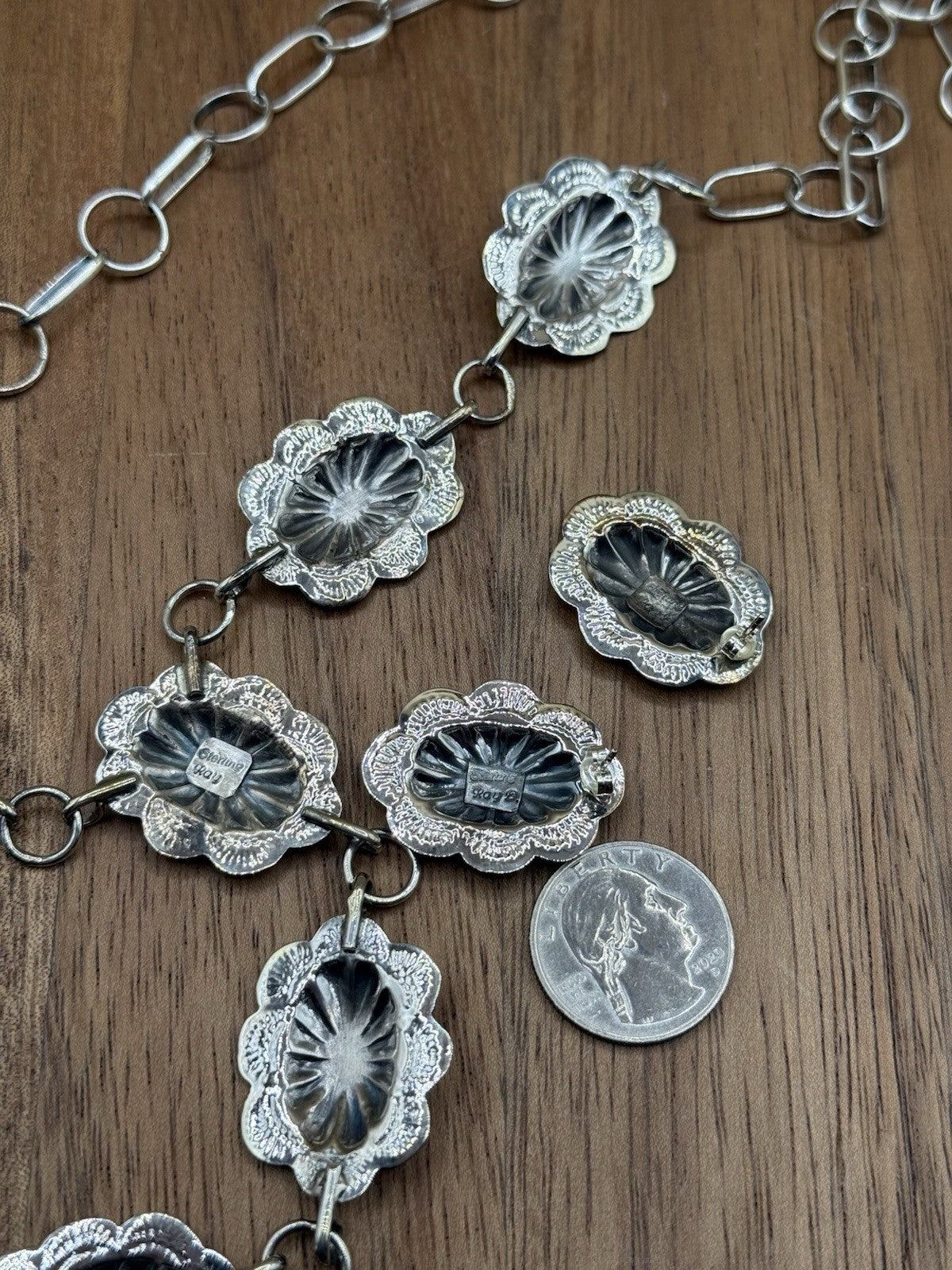 Navajo Handmade Sterling Silver Stamped Concho Shiny Lariat Necklace Set 24”