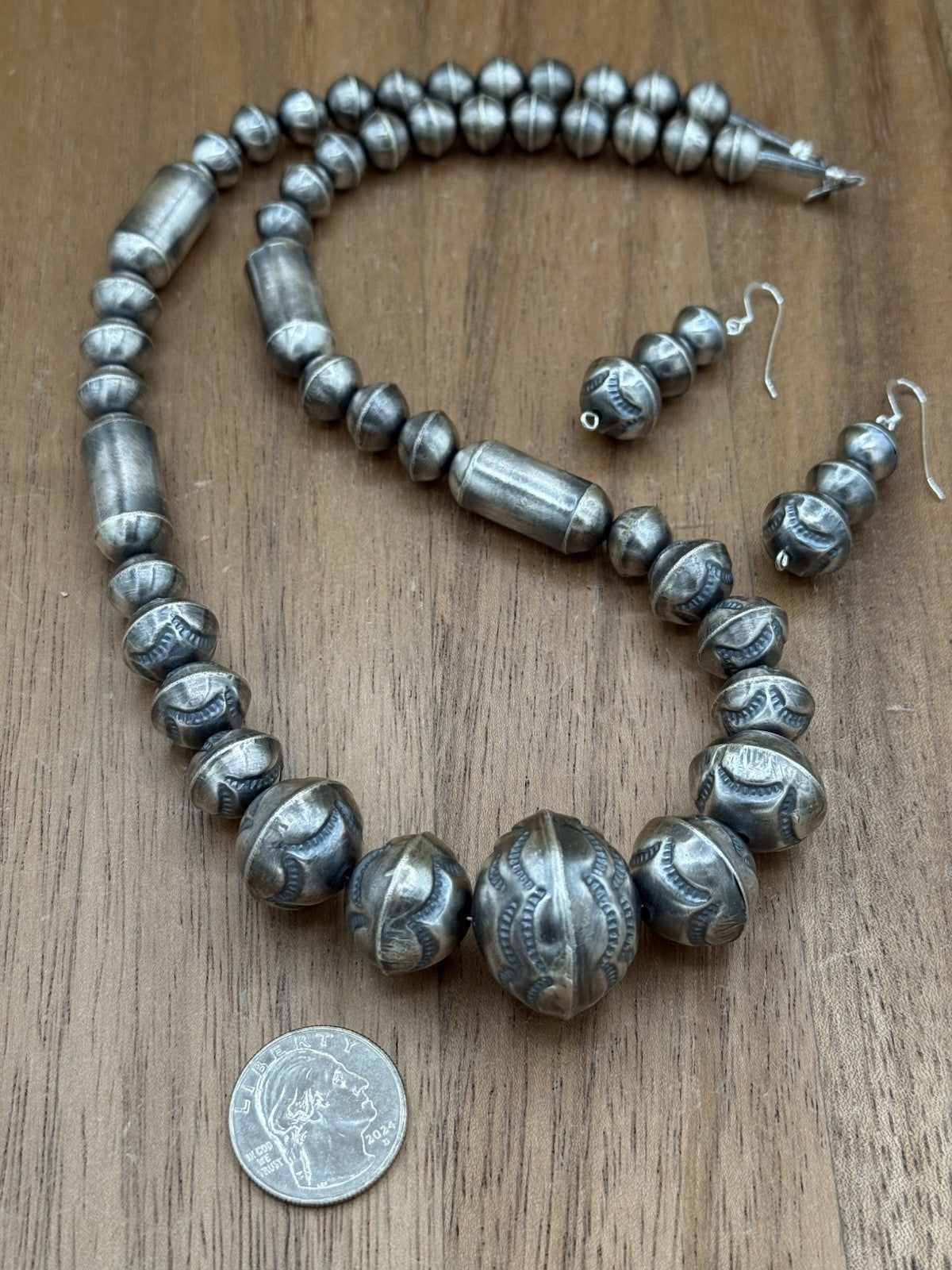 Authentic Navajo Handmade Old Look Navajo Pearl Bead Necklace And Earrings 24”