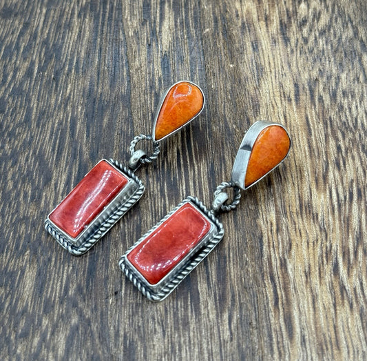 Navajo Handmade Sterling Silver Mixed Spiny Oyster Shell Post Dangle Earrings