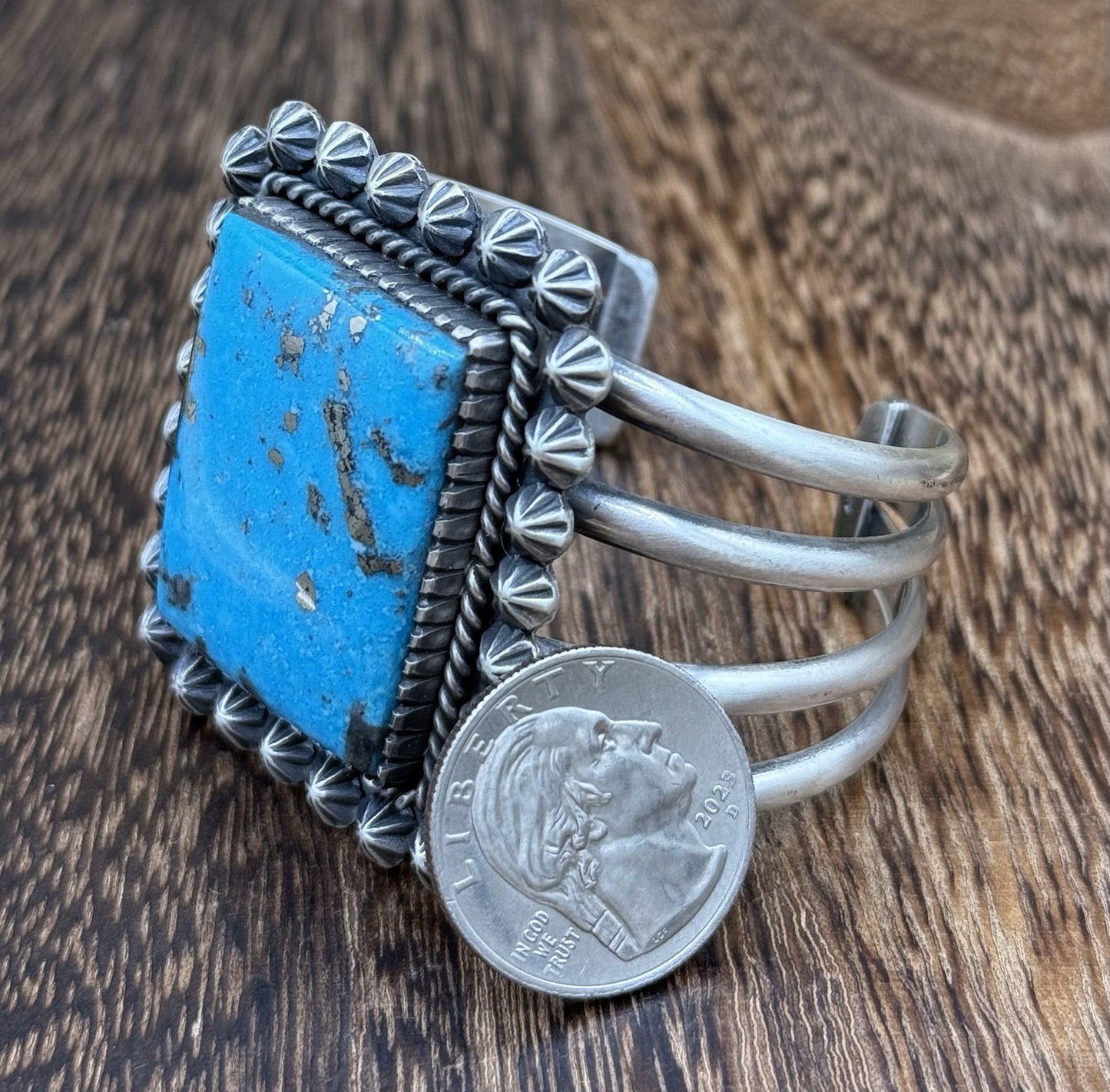 Native Navajo Handmade Sterling Silver Morenci Turquoise Old Look Cuff Bracelet