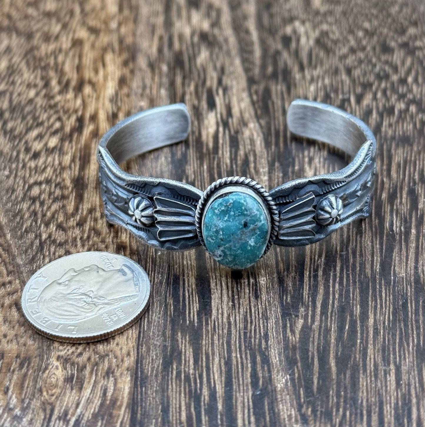 Navajo Handmade Sterling Silver Emerald Valley Turquoise Old look Cast Bracelet