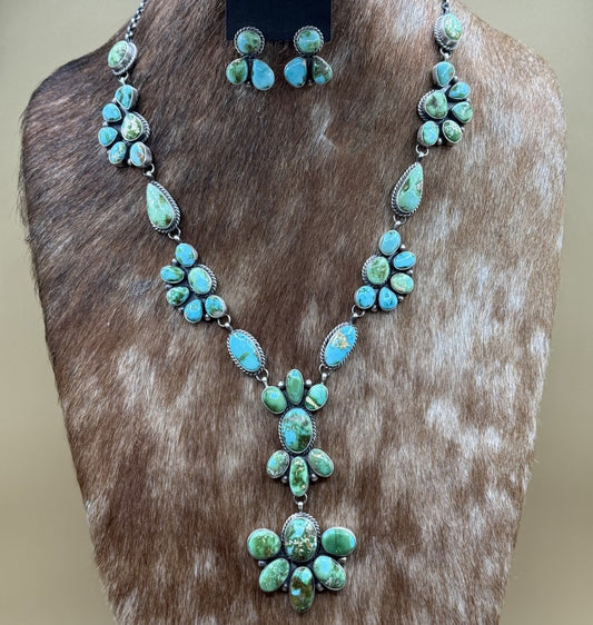 Navajo Handmade Sterling Silver Sonoran Turquoise Cluster Lariat Necklace 24”