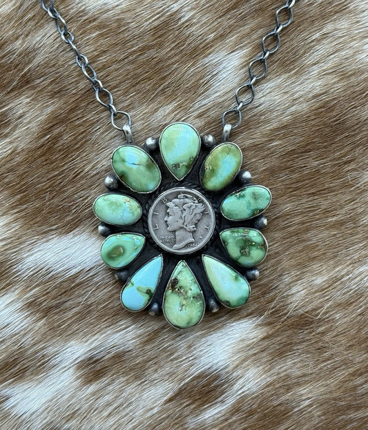 Navajo Handmade Silver Sonoran Gold Turquoise Liberty Coin Cluster Necklace 18”