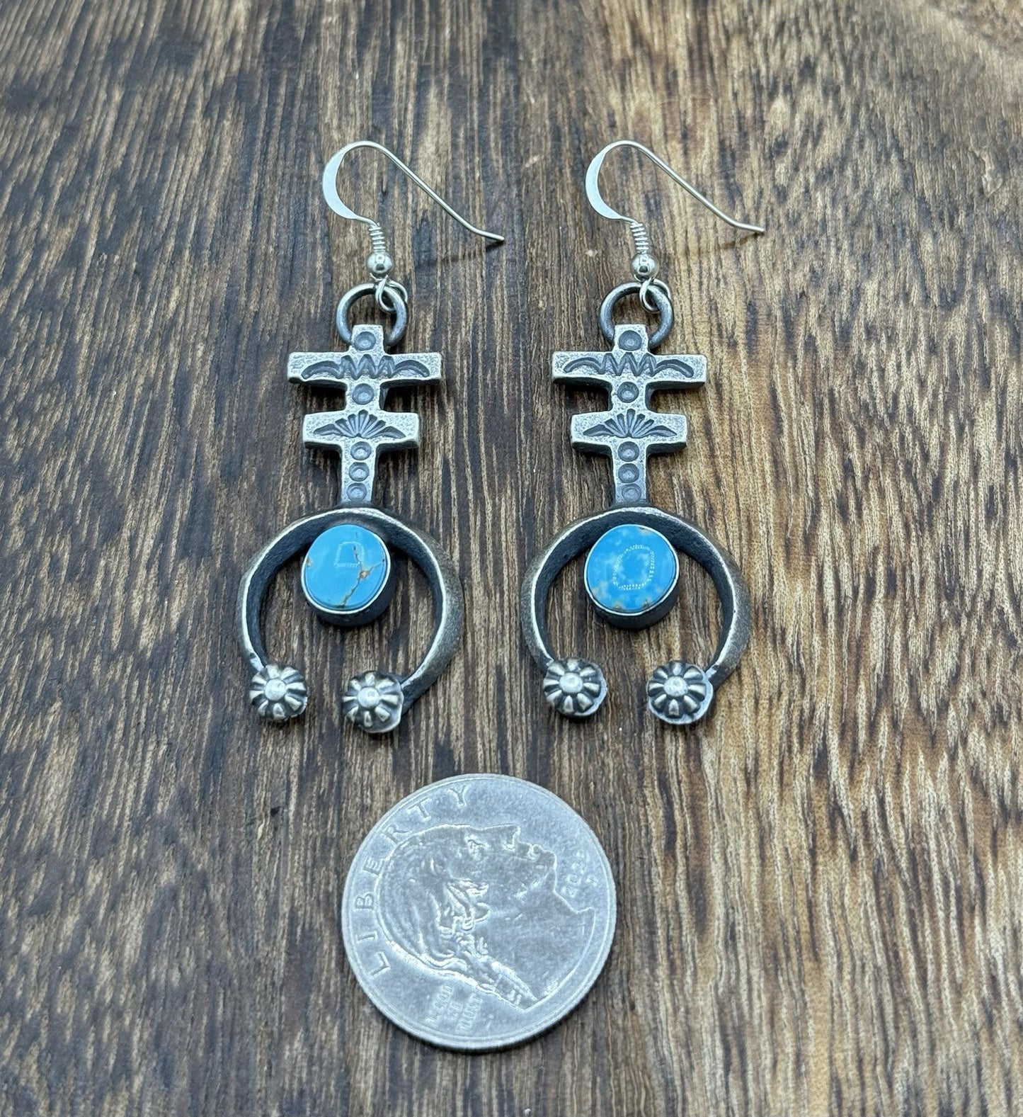 Navajo Handmade Sterling Silver Old Look Kingman Turquoise Earrings Kevin Billah