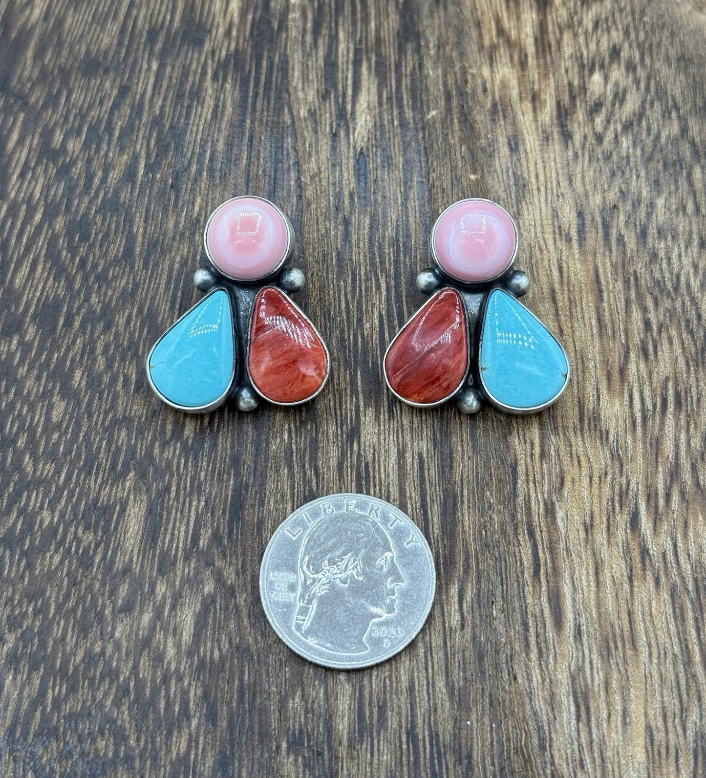 Navajo Handmade Sterling Silver Multi Color Turquoise Spiny Cluster Earrings