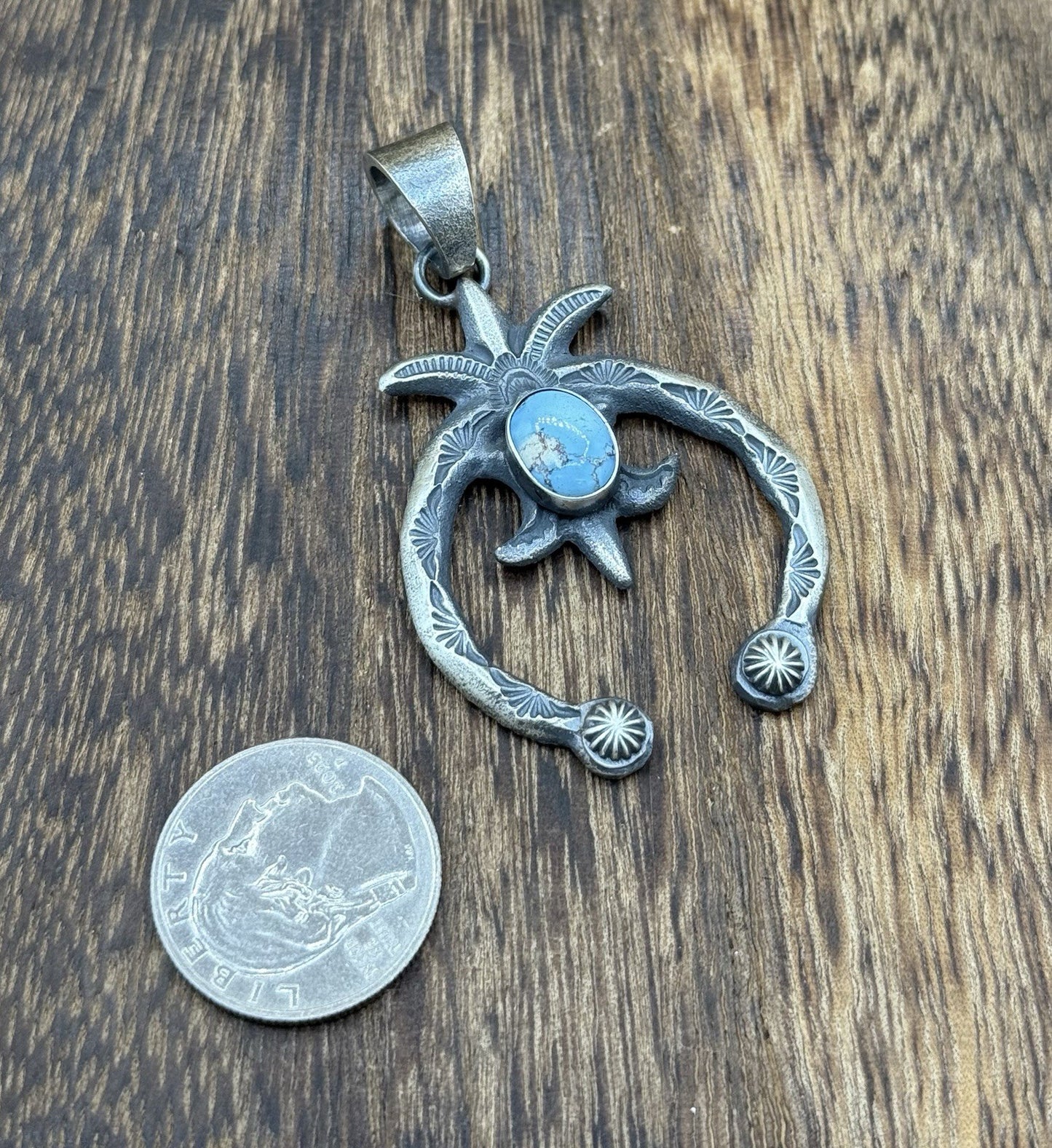 Navajo Handmade Sterling Silver Old Look Golden Hills Turquoise Naja Pendant